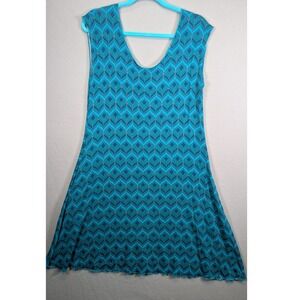NWT Dharma Imports Teal Blue Geometric Print A-Line Swing Dress Pockets M/L